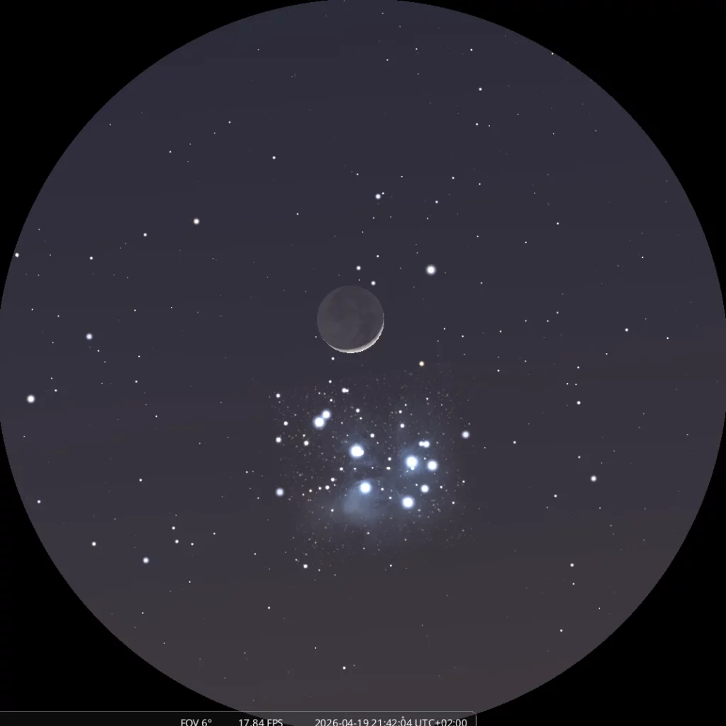 Vision aux jumelles de la Lune frôlant les Pléiades le 19 avril 2026. Simulation Stellarium.