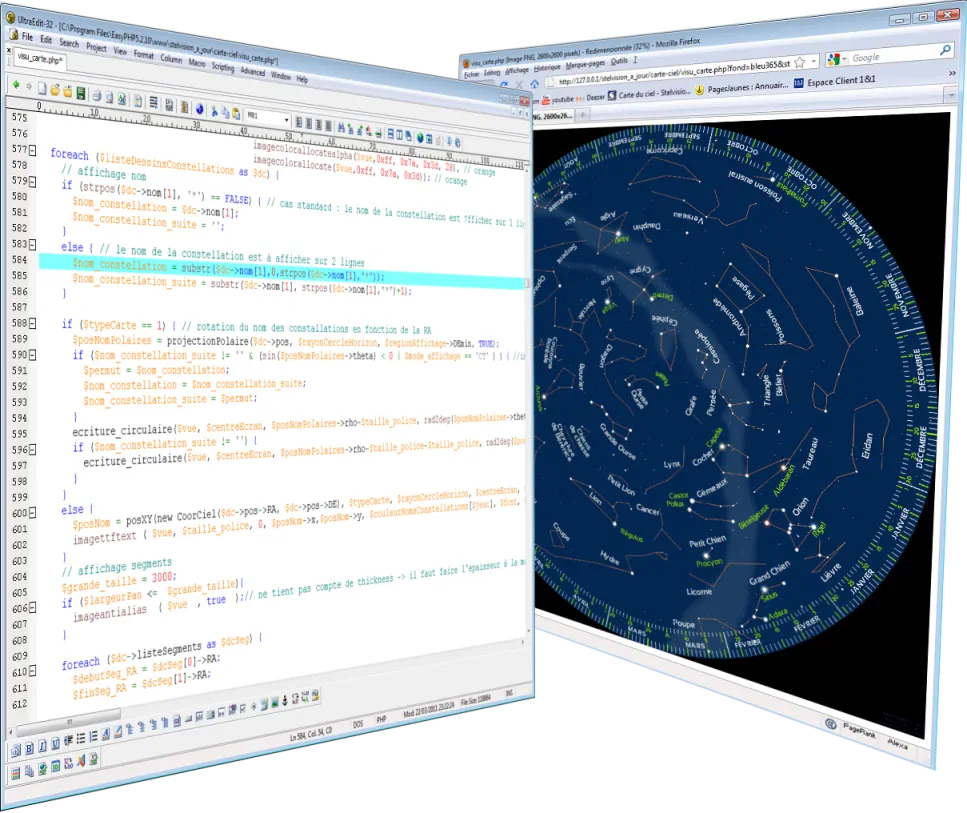 Montage montrant des copies d'écran d'ordinateur avec à gauche du code informatique du logiciel de cartographie céleste et à droite la carte du ciel obtenue.