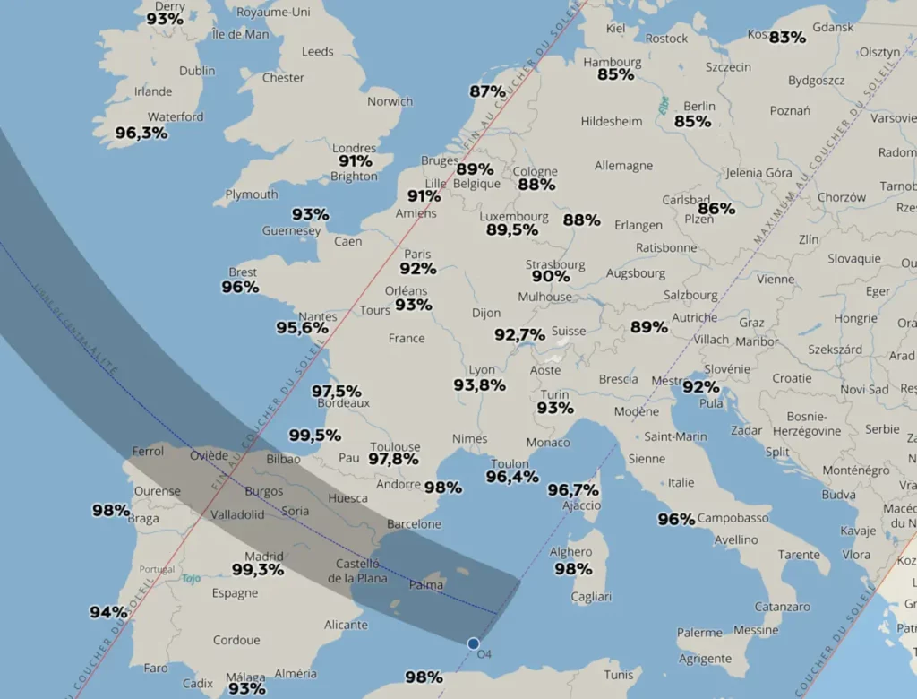 carte indiquant le taux d'occultation en différents lieux de France et d'Europe durant l'éclipse de Soleil du 12 août 2026.