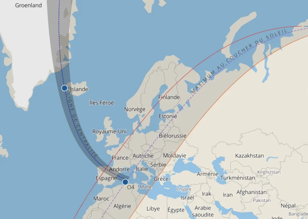 Carte indiquant la zone de totalité de l'éclipse du 12 août 2026.