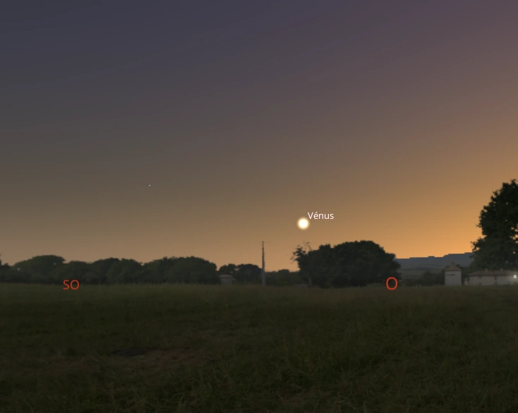Simulation de la position de Vénus vue depuis le centre de la France le samedi 8 août à 21h45 (heure légale). Simulation : B. d'Armagnac avec Stellarium.
