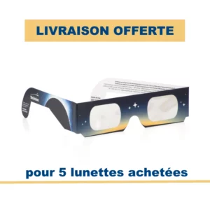 photo Lunettes d'éclipse Soleils noirs, vue 3/4 droite, avec mention livraison offerte pour 5 lunettes achetées