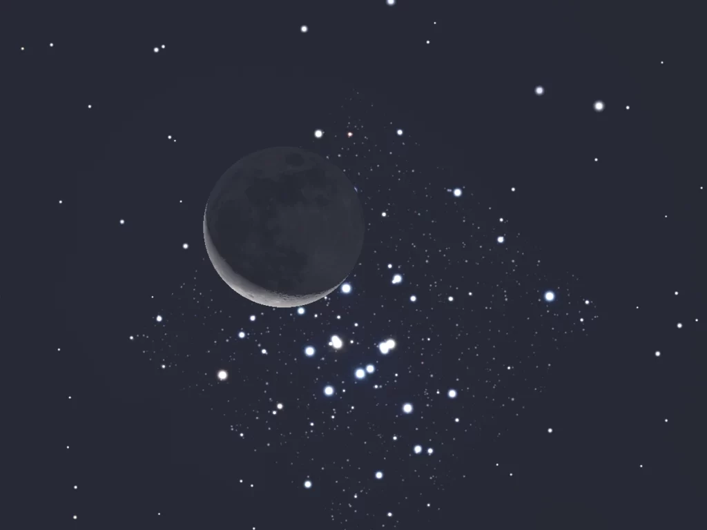 Simulation Stellarium montrant la Lune qui masse devant M44 le 8 septembre 2026.