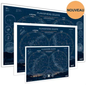 visuel montrant les trois éditions du Planisphère céleste de Bertrand d'Armagnac et Étienne Jammes, aux éditions Stelvision, avec un macaron "NOUVEAU"