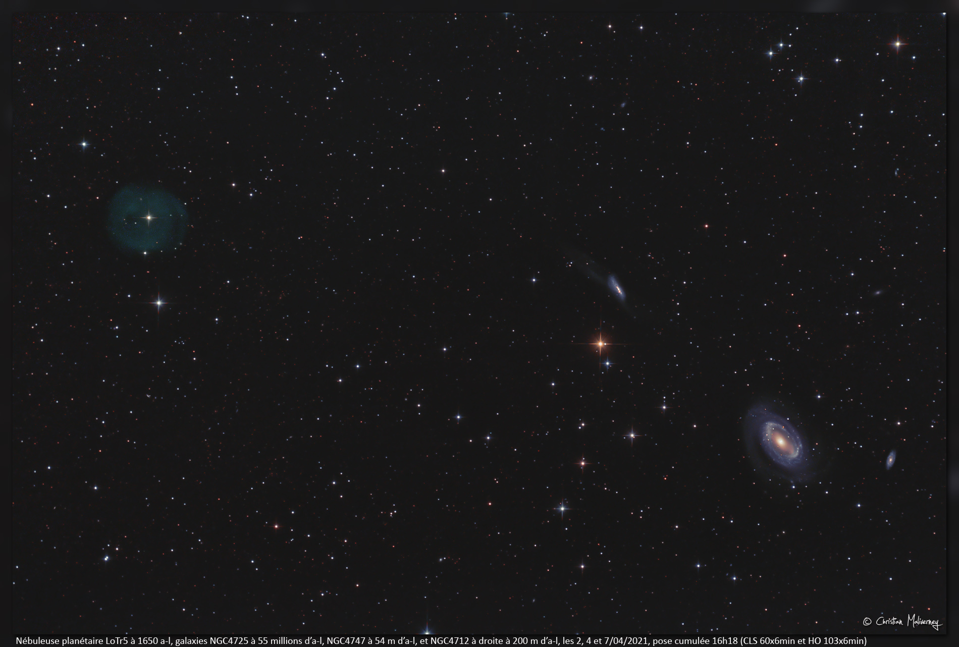 Nébuleuse planétaire LoTr5, galaxie NGC4725 et ses copines