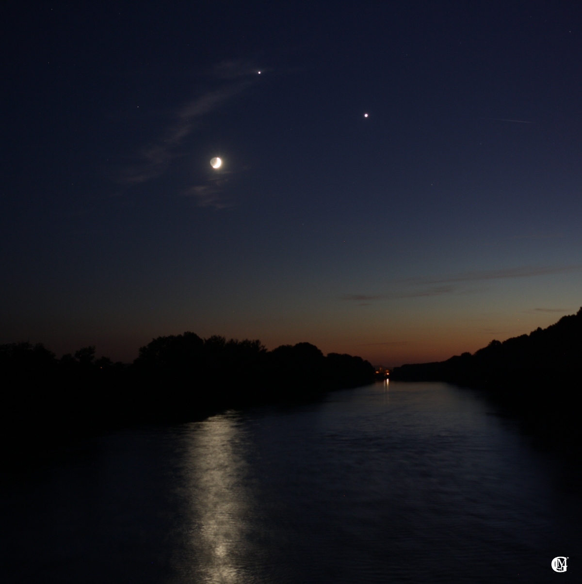 Rapprochement Lune-Jupiter-Vénus au dessus de la Garonne